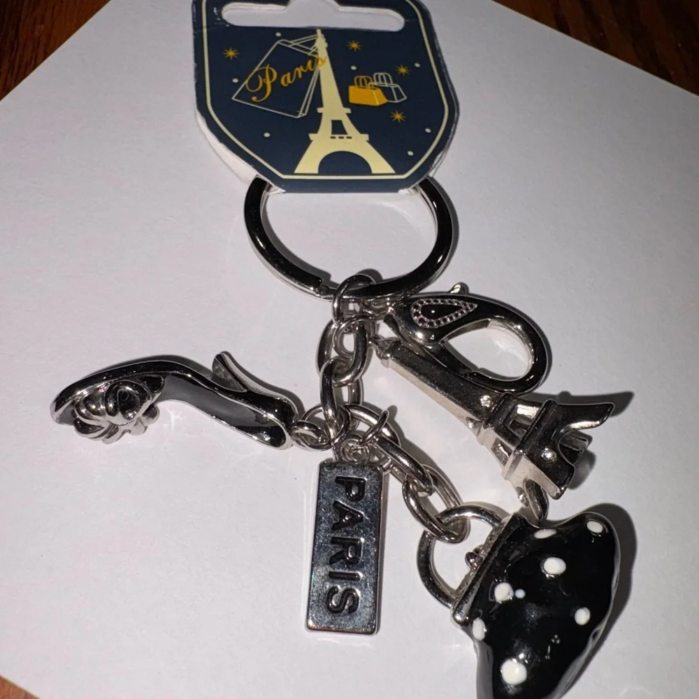 NWT PARIS THEMED SIVER AND BLACK KEY CHAIN WITH CHARMS FROM PARIS.